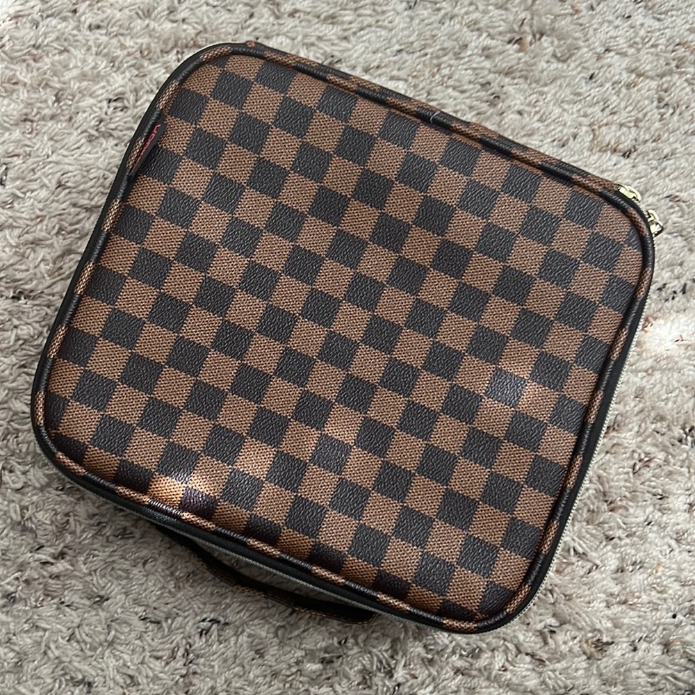 Brown Checkered Travel Cosmetic/Toiletry Bag